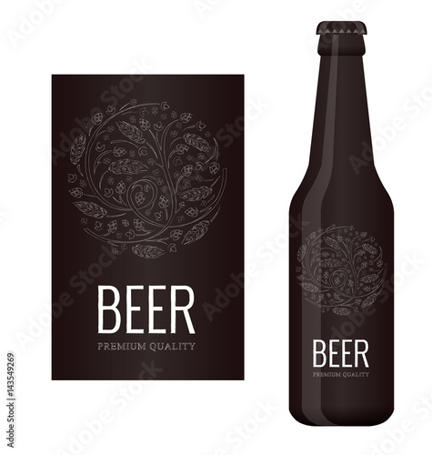 Vector beer label with chalk floral ornament of hops and malt