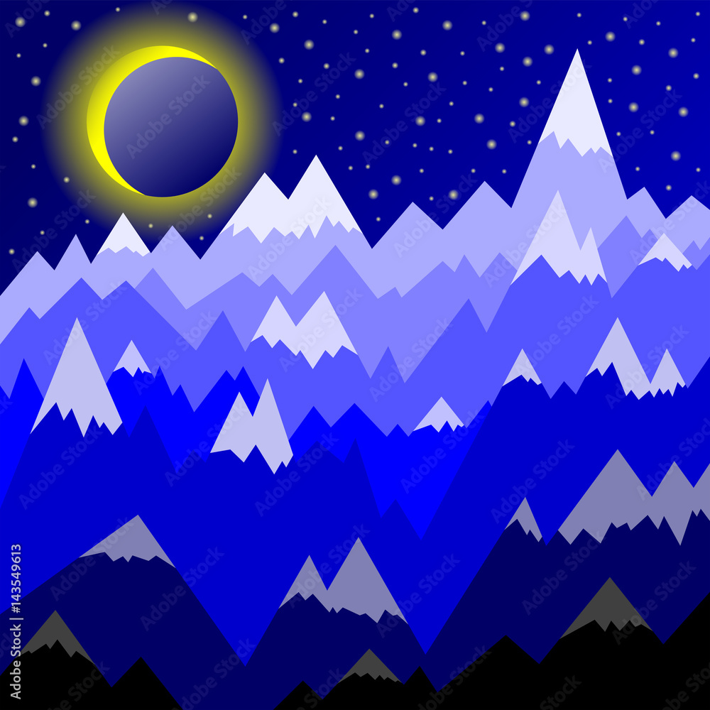 Decorative drawing of landscape with mountains with snowy peaks against the background of the starry sky and the young moon