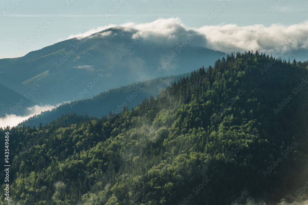 Obraz premium View at a mountain range with fog. Mountain landscape with fog