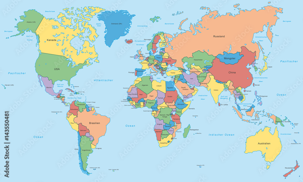 Fototapeta premium Mapa świata - poszczególne kraje w kolorze (wysoki stopień szczegółowości)
