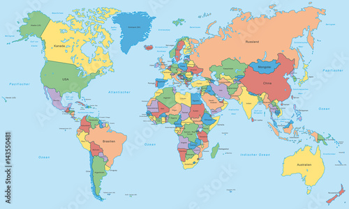Weltkarte - einzelne Länder in Farbe (hoher Detailgrad)