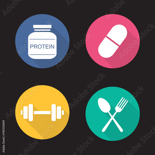 Bodybuilding flat design long shadow icons set