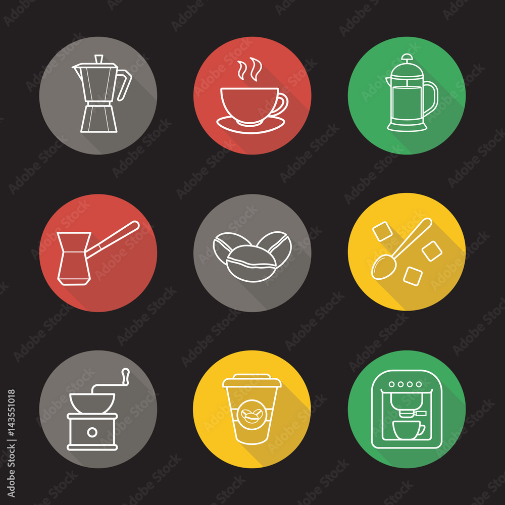 Coffee flat linear long shadow icons set Coffee flat linear long shadow icons set