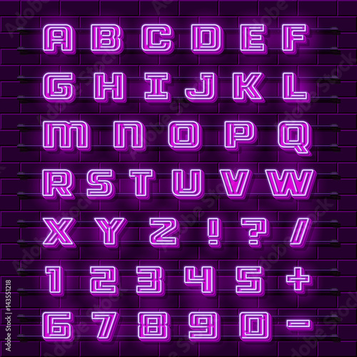 Neon font city. Neon purple font english. City alphabet font. Vector illustration