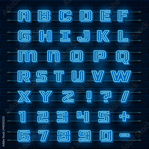 Neon font city. Neon blue font english. City alphabet font. Vector illustration