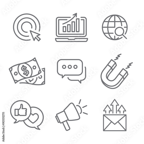 Inbound Marketing Vector Icons with growth, roi, call to action, seo, lead conversion, social media, attract, brand engagement, promoters, campaign, smm