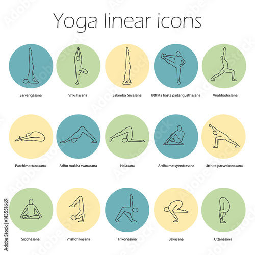 Yoga poses linear icons set