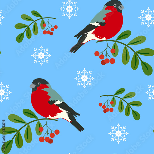 Winter bullfinches on branch with berries