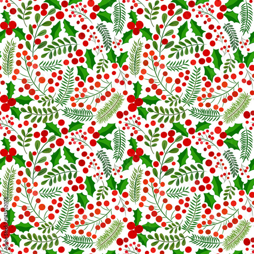 Seamless pattern with a wreath, holly leaves, twigs, berries in red and green colors.