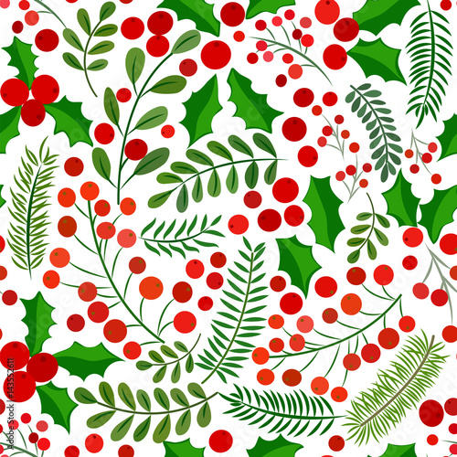 Seamless pattern with holly leaves, twigs, berries in red and green colors on a white background.