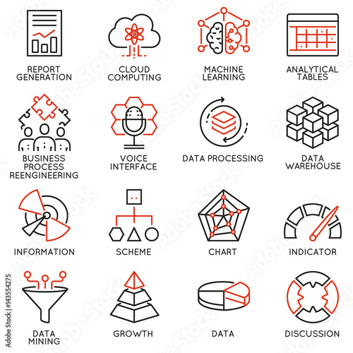 Vector set of 16 icons related to business intelligence, strategy management system and balanced scorecard. Mono line pictograms and infographics design elements