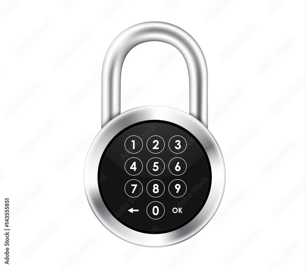 Icon of a realistic hinged metal padlock with a numeric keypad Icon of a realistic hinged metal padlock with a numeric keypad