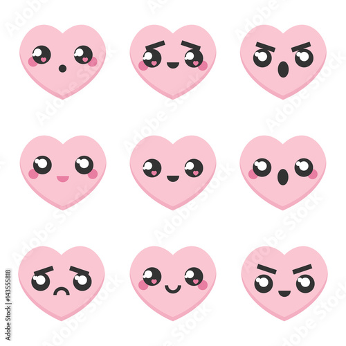 Set, collection of kawaii japanese emoticons, emoji pink hearts isolated on white background. Flat design.