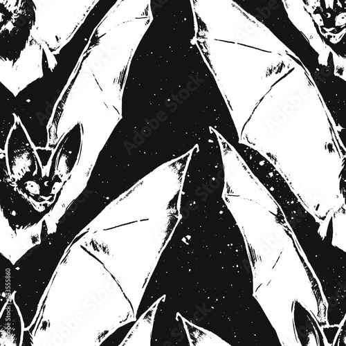 Repeated pattern. Seamless texture. Flying bat. Little vampire. Gothic illustration. Halloween style. Drawn bat. Can be used like wallpaper, wrapping, background, or your design.