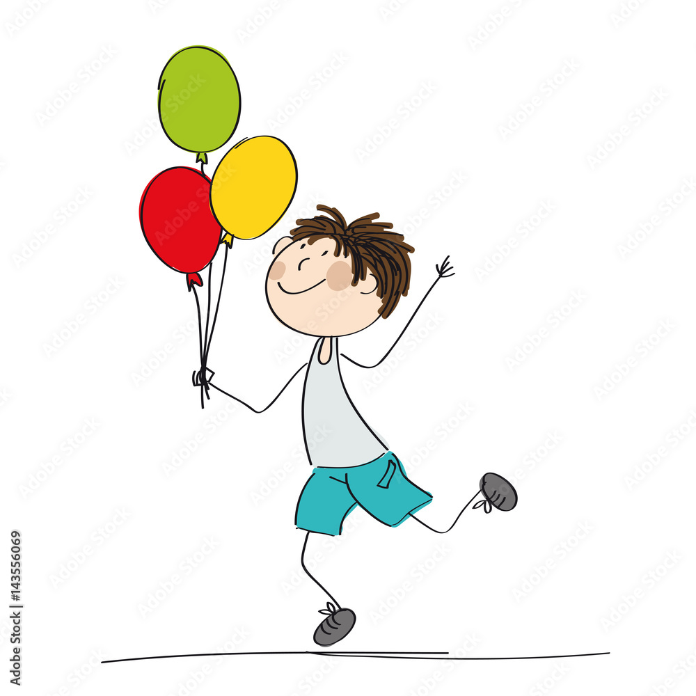 Happy boy running and holding colorful balloons in his hand - original hand drawn illustration Happy boy running and holding colorful balloons in his hand - original hand drawn illustration