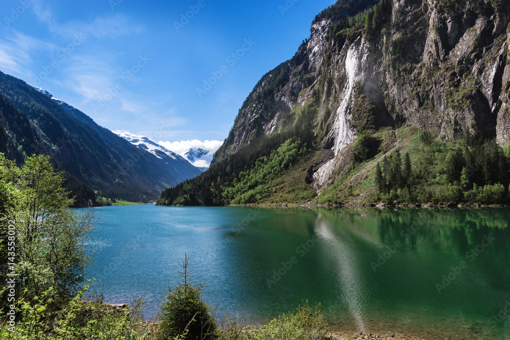 Mountain lake alpine scenic. Stillup lake austrian summer mountain landscape, Tyrol