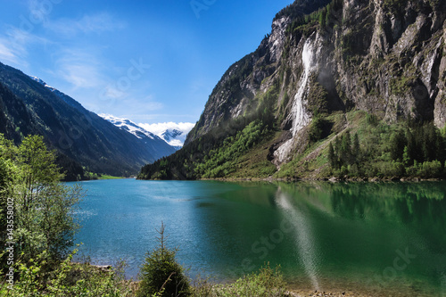 Mountain lake alpine scenic. Stillup lake austrian summer mountain landscape, Tyrol