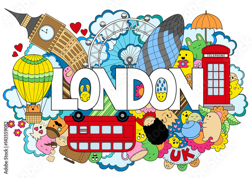 Abstract background with hand drawn text London. Hand lettering. Template for advertising, postcards, banner, web design, printing on clothes. Set of cartoon characters. Line art detailed