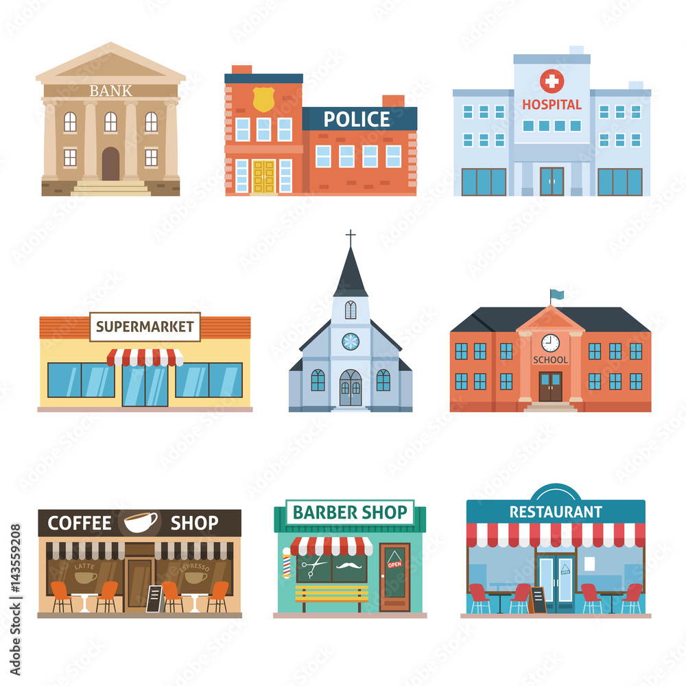 Set of buildings. Bank, hospital, police, supermarket, church, school, coffee shop, barber shop and restaurant