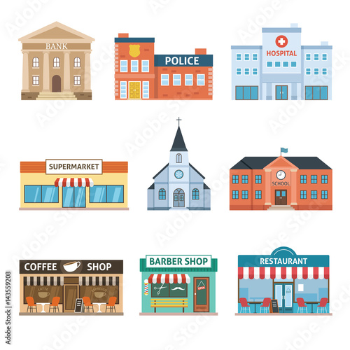 Set of buildings. Bank, hospital, police, supermarket, church, school, coffee shop, barber shop and restaurant photo