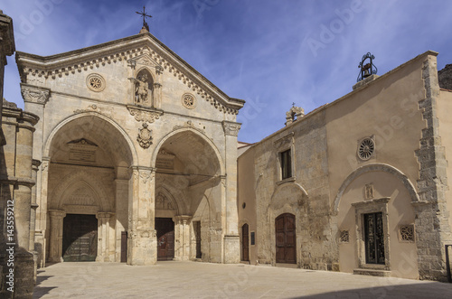 View of main facade of Saint Michael Archangel Sanctuary at Monte Sant Angelo on Italy. Monte Sant Angelo is a town on the slopes of Gargano promontory  Apulia .