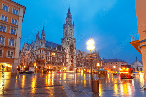 Marienplatz square and New Town hall during morning blue hour in Munich, Bavaria, Germany