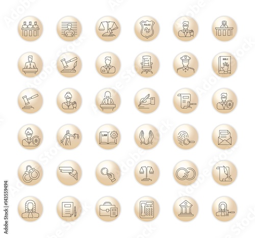 Vector graphic set. Icons in flat, contour, thin, minimal and linear design.Court. Judge. Trial. Simple icons on white background.Concept illustration for Web site, app.Sign, symbol, emblem.