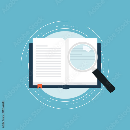 E-book with magnifier flat vector illustration design. Online education, book, training, course, online tutorial, online research, internet library. Icon design for web banners 