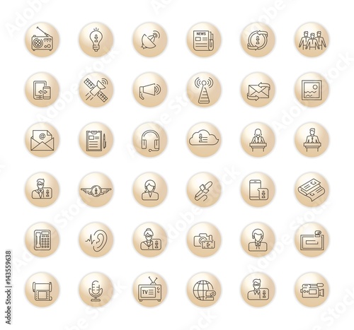 Vector graphic set.Icons in flat, contour,minimal, thin and linear design.Mass media.Organs of public opinion.Simple isolated icon on white background.Concept for Web site, app.Sign,symbol,emblem.