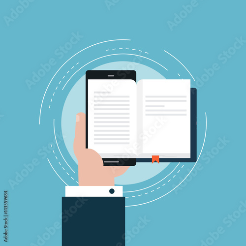 E-learning flat vector illustration design. Online education, internet teaching, distance education, e-book, online research, internet library. Icon design for web banners and apps