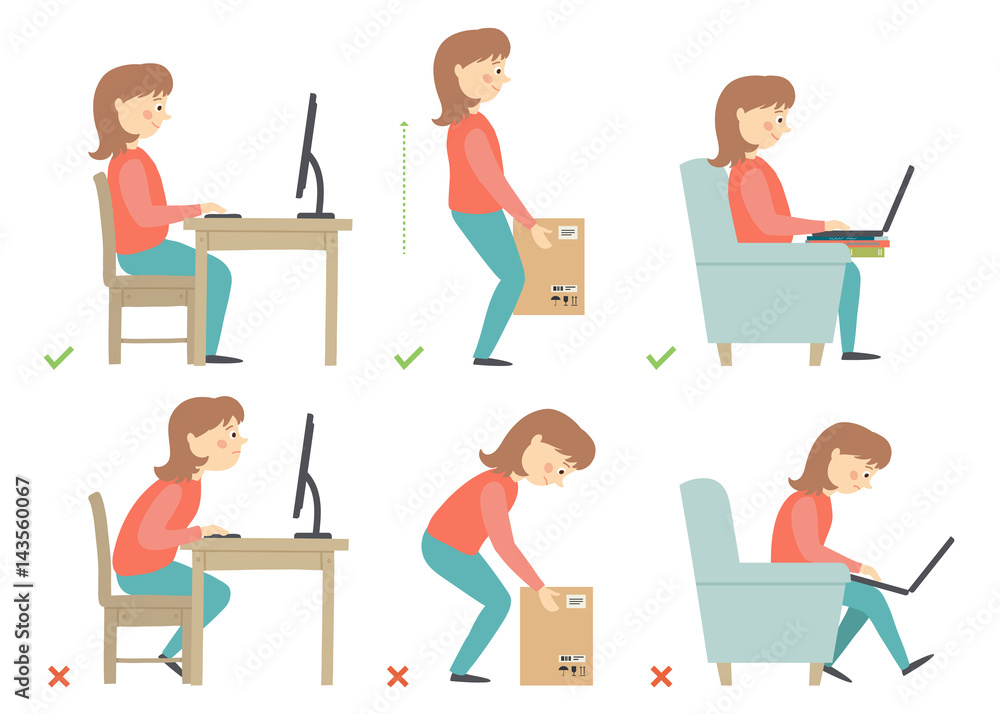 Woman cartoon character. Correct and Incorrect Activities Posture in Daily Routine - Sitting and Working with a Computer, Lifting Weight.