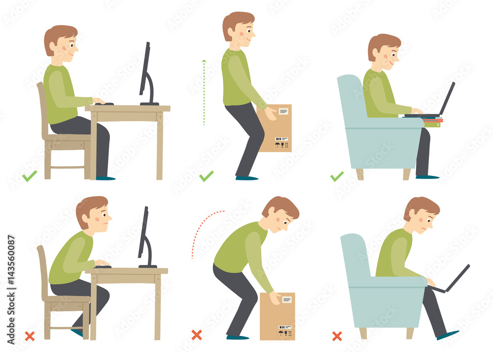 Man cartoon character. Correct and Incorrect Activities Posture in Daily Routine - Sitting and Working with a Computer, Lifting Weight.