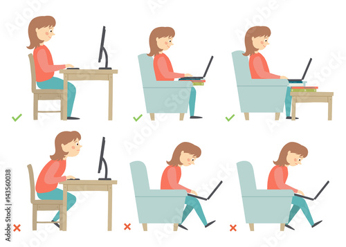 Correct and Incorrect Activities Posture in Daily Routine - Sitting and Working with a Computer. Woman character.