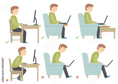 Correct and Incorrect Activities Posture in Daily Routine - Sitting and Working with a Computer. Man haracter.