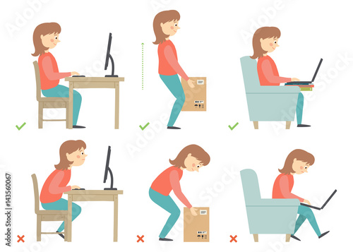 Woman cartoon character. Correct and Incorrect Activities Posture in Daily Routine - Sitting and Working with a Computer, Lifting Weight.