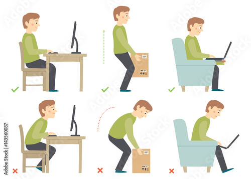 Man cartoon character. Correct and Incorrect Activities Posture in Daily Routine - Sitting and Working with a Computer, Lifting Weight.
