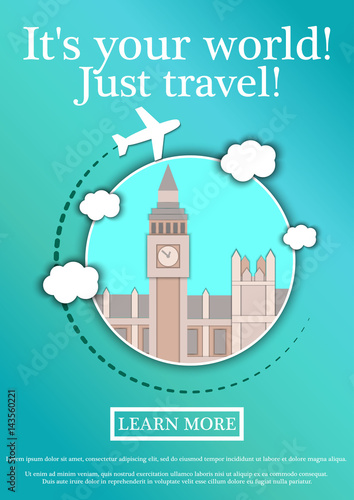 Vector Banner with text Its your world.Just travel. Concept website template.Modern flat design.Big Ben Tower and Westminster Palace. London