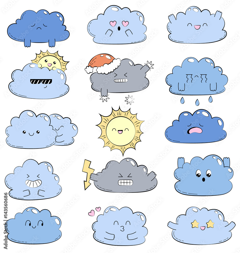 Cartoon doodle comic illustration with cute clouds. Different emotions.  Collection of weather icons. Emoticons for site, info graphics, video,  animation, websites, mails, newsletters, reports, comics Stock Vector |  Adobe Stock