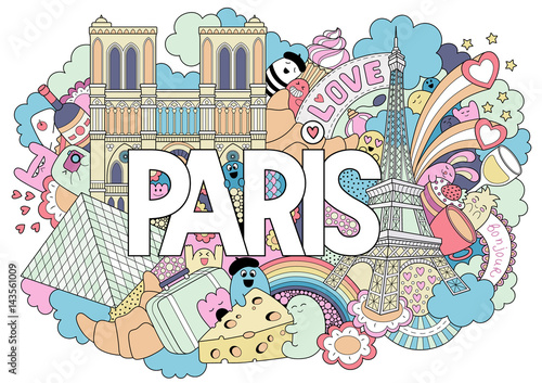 Vector doodle illustration showing Architecture and Culture of Paris. Abstract background with hand drawn text Paris. Template for advertising, postcards, banner, web design. Hand lettering