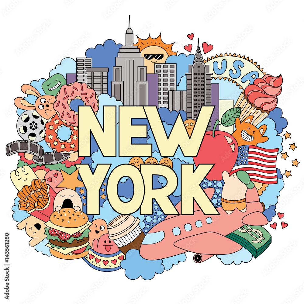 Vector doodle illustration showing Architecture and Culture of New York ...