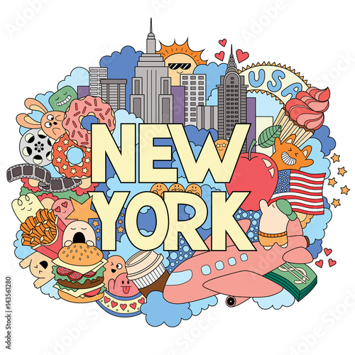 Vector doodle illustration showing Architecture and Culture of New York. Abstract background with hand drawn text New York. Template for advertising, postcards, banner, web design. Hand lettering