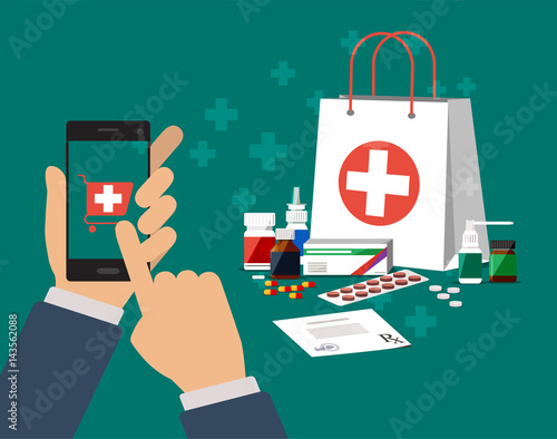 Set of 8 medicine bottles with pills, capsules vitamins drugs, tablets. Vector illustration in flat style.