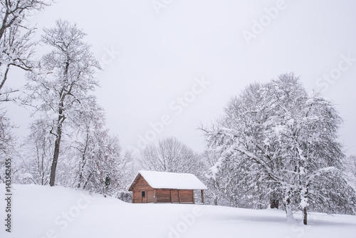 Old wooden house in Turaida castle park during the winter. Winter landscape. Sigulda Latvia