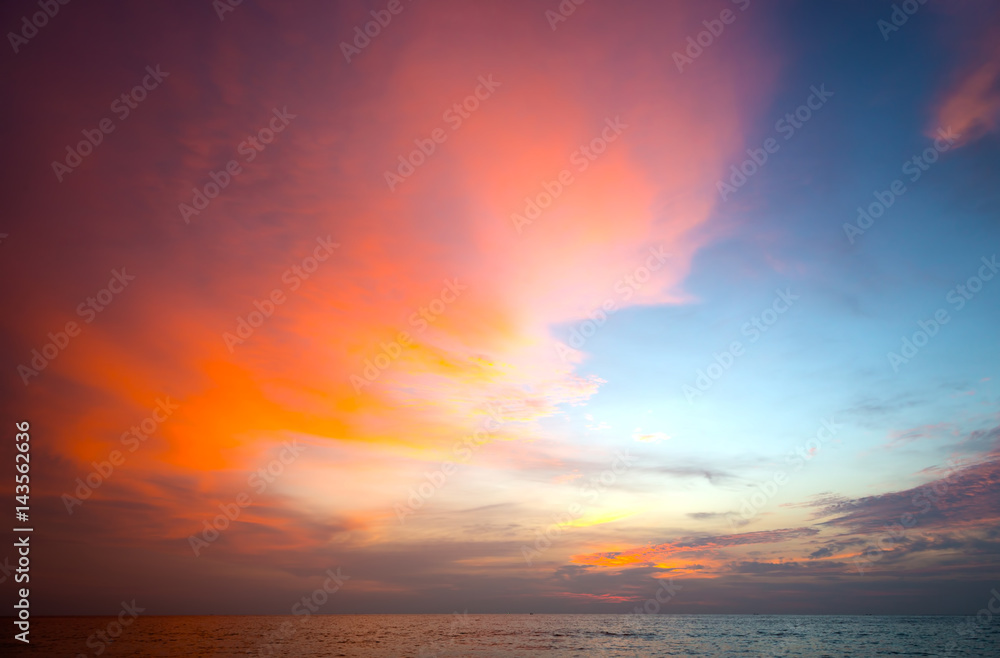 Burning clouds and tropical sea after the sun is set