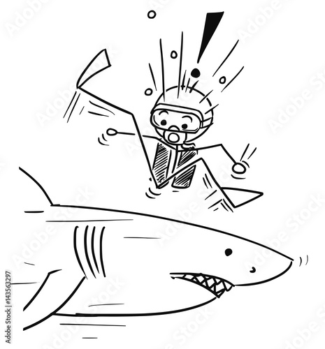 Vector Stick Man Cartoon of Scuba Diver Meet Large Shark