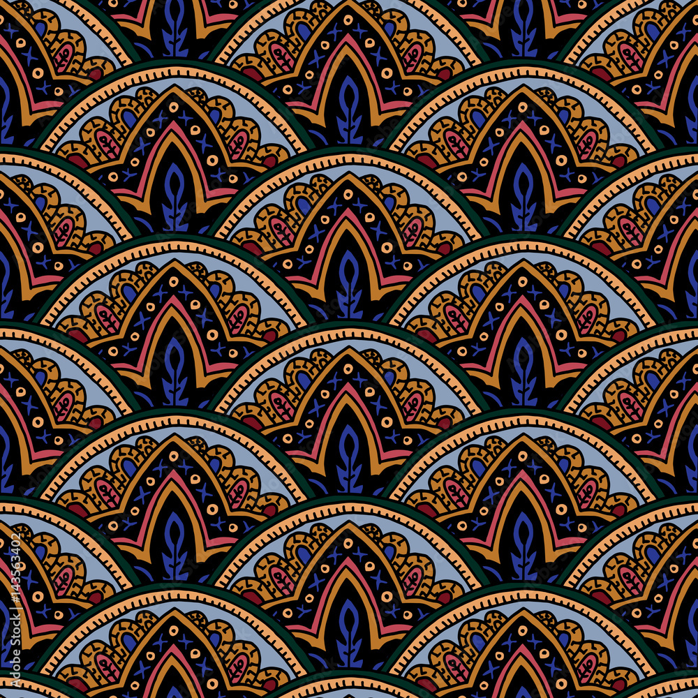 Abstract seamless paisley pattern. Traditional oriental geometric ornament. Scaled  texture background. Textile design.