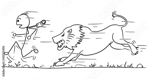 Vector Stickman Cartoon of Tourist Running Away from Lion