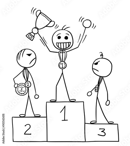 Vector Stickman Cartoon of Winner Celebrating on the Winners Podium while Hated by Losers