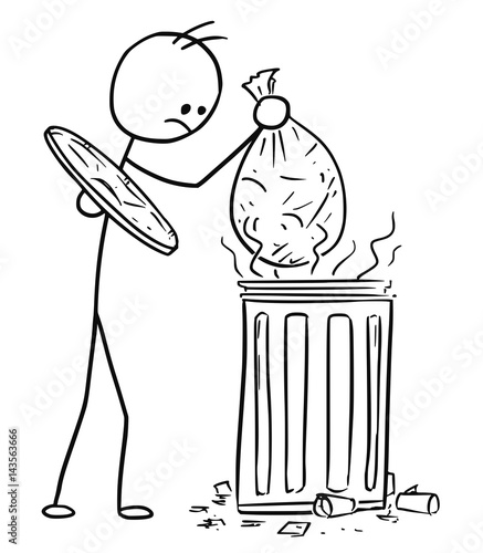 Vector Stick Man Cartoon of Men Throwing Waste Trash Bag in to Trashcan