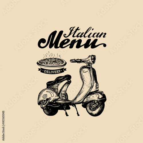 Vector pizza delivery scooter.Hand sketched retro motorroller with italian food illustration.Advertising poster, banner.